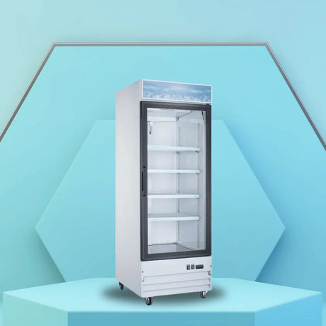Upright glass door refrigerator with adjustable shelves, white exterior, and clear display door for commercial food and beverage storage.