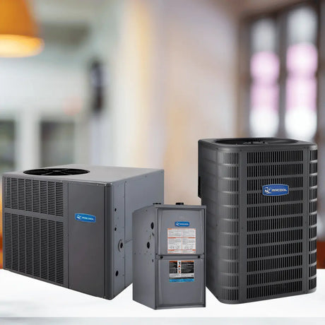 Residential HVAC system with MRCOOL condenser, air handler, and heat pump units for whole-home heating and cooling systems