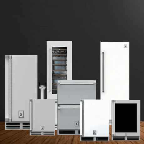Hestan luxury appliances collection featuring stainless steel refrigerators, wine coolers, beverage centers, and freezer drawers