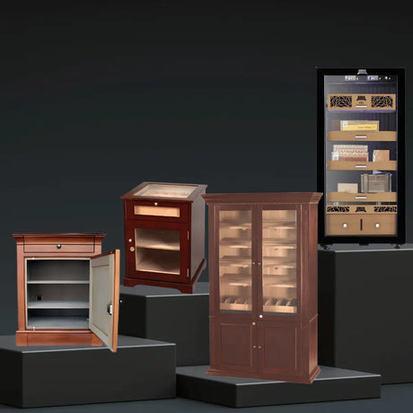 Humidor Supreme cigar humidor collection featuring luxury wood cabinet and glass door cigar storage units with humidity control