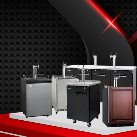 Kegco kegerators collection with stainless steel and wood finishes featuring chrome beer taps for home and commercial beer dispensing