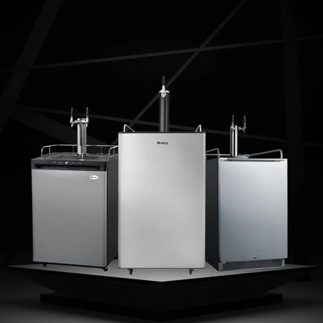 Kegerators collection featuring stainless steel draft beer dispensers with tap towers for home and commercial use