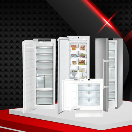 Liebherr freezers collection featuring upright and built-in freezer units with open and closed doors, showing clear drawers and organized storage compartments.
