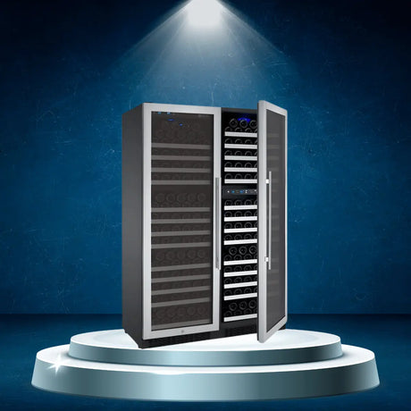 Multi-zone wine cooler collection with dual glass doors, adjustable shelves, and separate temperature zones for storing red and white wines.