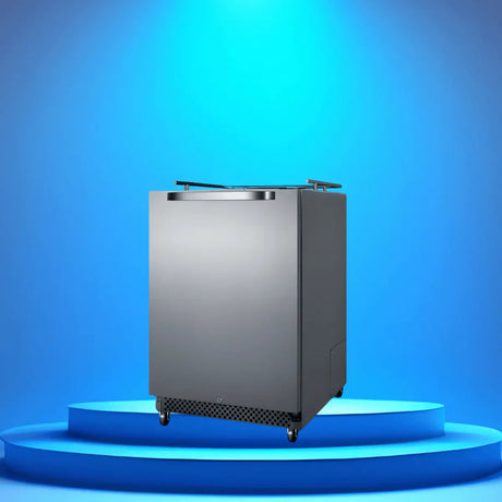 Stainless steel no-tap kegerator without draft tower, designed for custom beer tap installations and home bar setups.