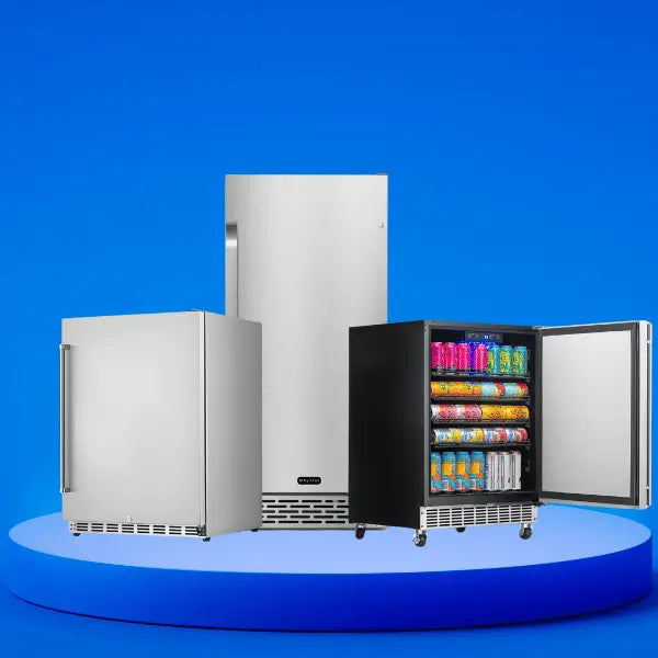 Outdoor beverage refrigerators in stainless steel and black finishes, featuring compact, tall, and display models designed for patio and outdoor kitchen use.