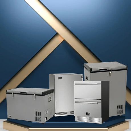 Outdoor freezers collection featuring stainless steel chest, upright, and drawer freezers designed for patios, garages, and outdoor kitchens
