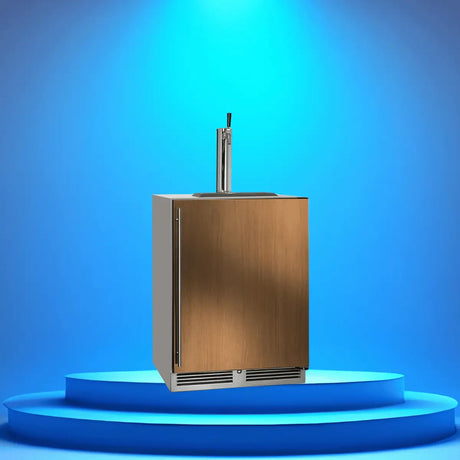 Outdoor kegerator collection with wood panel front and single tap draft system designed for patios and outdoor entertaining spaces