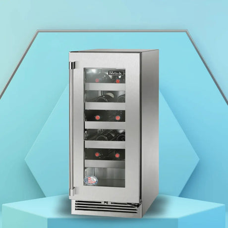 Outdoor wine refrigerator collection with stainless steel finish, glass door, and visible wine racks, designed for patios and outdoor kitchens.