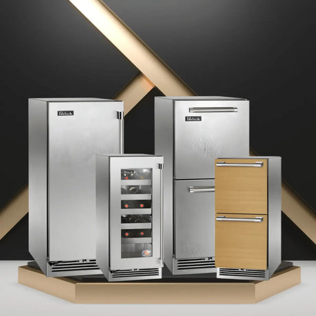 Perlick appliances collection featuring stainless steel refrigerators, beverage centers, wine fridge, and drawer units in a luxury kitchen display