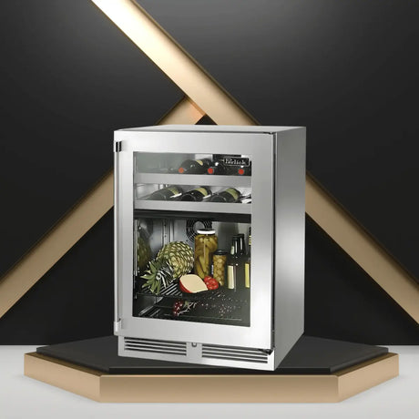 Perlick beverage center with glass door showcasing wine bottles and drinks inside a stainless steel built-in refrigeration unit