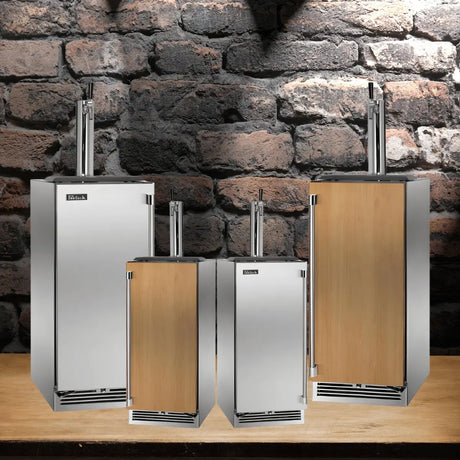 Perlick kegerators collection with stainless steel and wood panel doors, featuring draft towers for home bar and commercial beverage dispensing