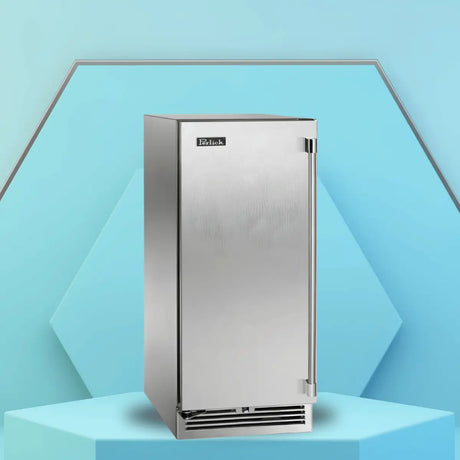 Perlick stainless steel refrigerator with a sleek undercounter design and front ventilation, displayed in a modern showroom setting