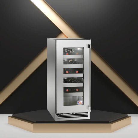 Perlick stainless steel wine fridge with a glass door and horizontal wine racks, designed for built-in undercounter wine storage