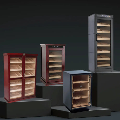 Prestige Import Group cigar humidor collection featuring freestanding glass door humidors with wood shelves in classic and modern designs
