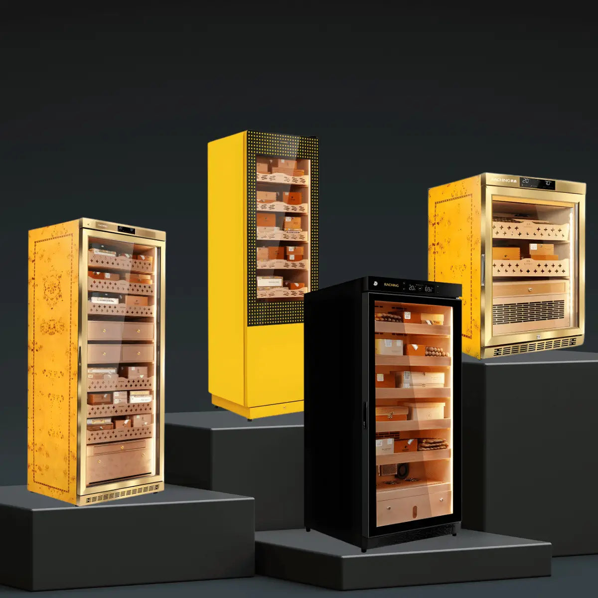 Raching cigar humidors collection featuring luxury yellow and black cabinets with glass doors and wooden shelves for premium cigar storage.