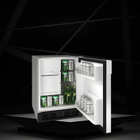 Compact refrigerator with built-in ice maker, open door showing beverage storage and ice compartment for home or bar use