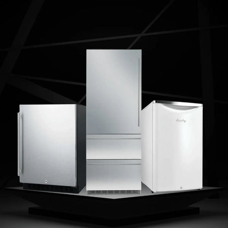 Modern refrigerators collection in stainless steel and white finishes showcasing compact and full-size refrigeration solutions
