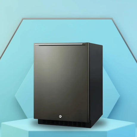 Modern black reversible-door refrigerator displayed on a blue geometric platform.