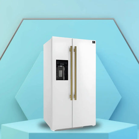 Side by side refrigerator with a white finish, dual vertical doors, and built-in water and ice dispenser for modern kitchens