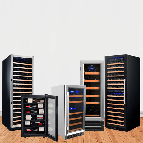 Smith & Hanks wine coolers collection featuring freestanding and undercounter glass-door wine refrigerators with wooden shelves