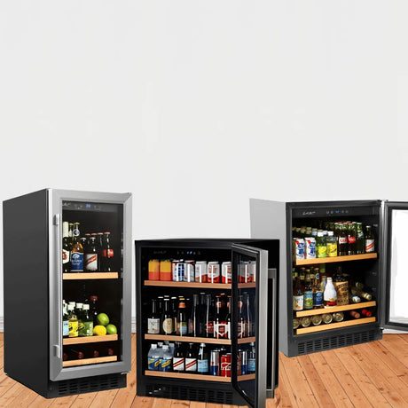 Smith and Hanks beverage coolers collection with glass doors and wood shelves, showcasing organized drink storage for home bar and kitchen use