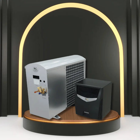 Split-system through-the-wall wine cooling units displayed with condenser and evaporator components on a modern illuminated platform.