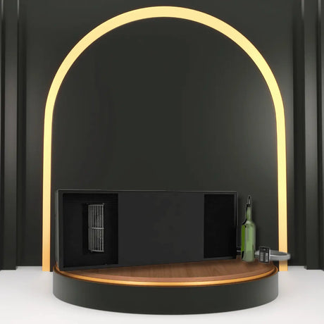 Split-system wine cellar cooling unit displayed on modern platform with vented panel, digital controller, and decorative wine bottle.