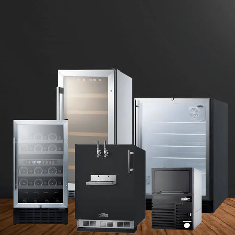 Summit ADA-compliant appliances collection featuring accessible refrigerators, wine coolers, ice makers, and kegerators in stainless steel