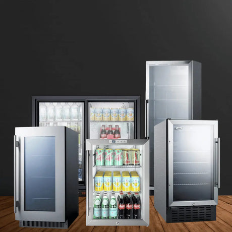 Collection of Summit beverage fridges in stainless steel and black finishes, featuring glass-door and solid-door models with assorted drinks inside.