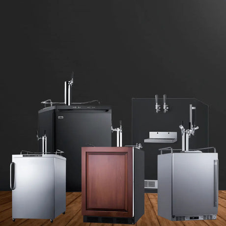 Summit kegerators collection with stainless steel, black, and wood finishes featuring single and dual tap draft beer systems