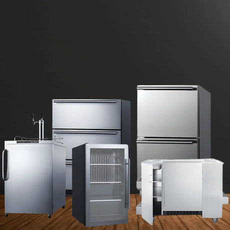 Summit outdoor appliances collection featuring stainless steel outdoor refrigerators, beverage coolers, and kegerators for patio kitchens