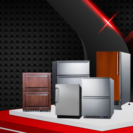 Summit refrigerators and freezers collection in stainless steel and wood finishes showcasing compact and modern cooling solutions
