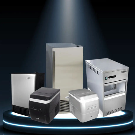 Sunpentown ice makers collection featuring portable, countertop, and undercounter stainless steel ice machines for home and commercial use