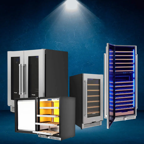 Thor Kitchen wine coolers collection in stainless steel with glass doors, LED lighting, and wooden shelves for modern wine storage solutions