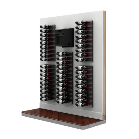 Through-the-wall wine cellar cooling unit installed in a modern wine wall with vertical bottle racks for efficient climate control
