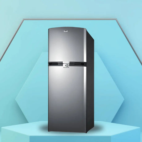 Top freezer refrigerator with a stainless steel finish and classic two-door design, ideal for everyday kitchen storage