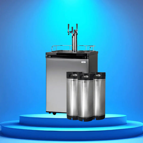 Triple-tap stainless steel kegerator with three draft faucets and keg containers, ideal for home bars and multi-beer dispensing.