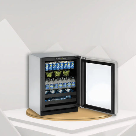 U-Line beverage centers collection featuring an undercounter stainless steel beverage refrigerator with glass door and organized drink storage shelves
