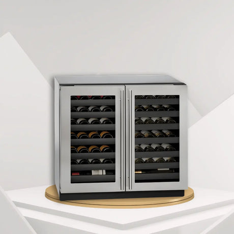 U-Line wine coolers collection featuring a dual-zone undercounter wine cooler with stainless steel glass doors and organized wine racks