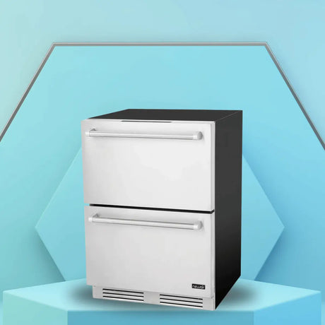 Undercounter refrigerator collection with stainless steel double drawers and front ventilation, designed for compact built-in kitchen or bar installations.