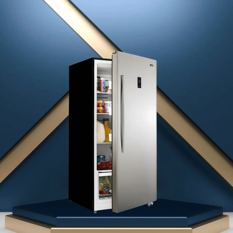Stainless steel upright freezer collection with door open, showing multi-shelf frozen food storage for home and commercial use