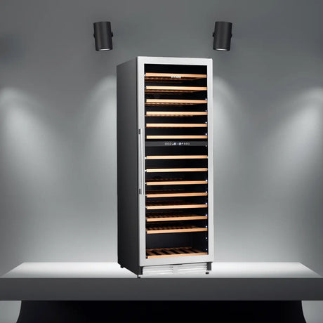 Vitara wine cooler with glass door, wooden shelves, and LED lighting, showcasing a modern luxury appliance design for home wine storage