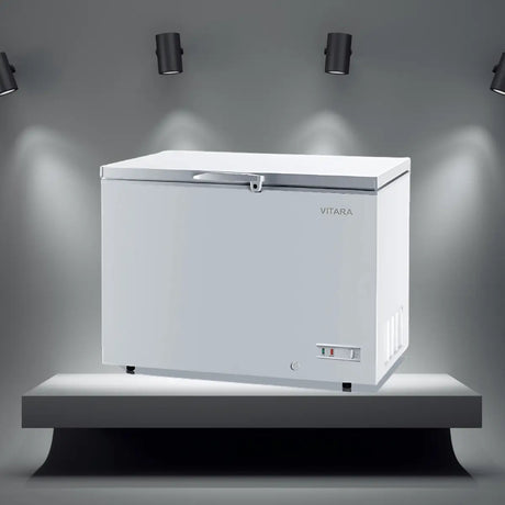 Vitara chest freezer with top-opening lid and white finish, designed for reliable food storage and efficient freezing performance