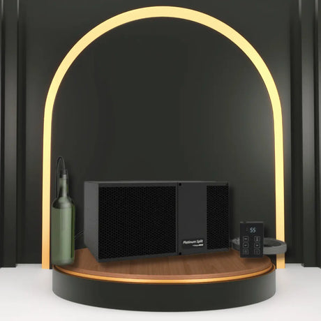 Wall-mounted ductless wine cellar cooling unit on a display platform with digital controller and wine bottle in a modern illuminated setting.