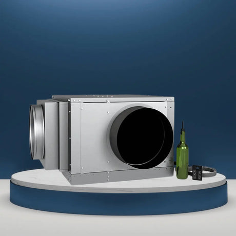 WhisperKOOL ducted split system wine cellar cooling unit collection with large duct openings and digital controller displayed in a modern studio setting.