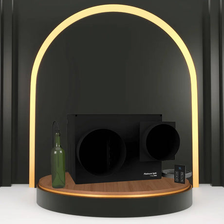 WhisperKOOL ducted wine cellar cooling system with dual duct openings and digital controller on a modern display platform.