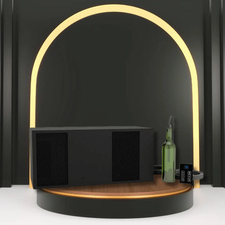 WhisperKOOL ductless split wine cellar cooling unit on display with dual vents, digital controller, and wine bottle in a modern setting.