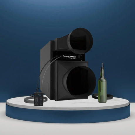 WhisperKOOL fully ducted wine cellar cooling system collection with dual duct openings and digital controller displayed in a modern studio setting.