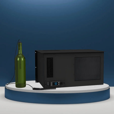WhisperKOOL cabinet wine cooling system collection with digital display, side vents, and bottle probe displayed in a clean modern studio setting.